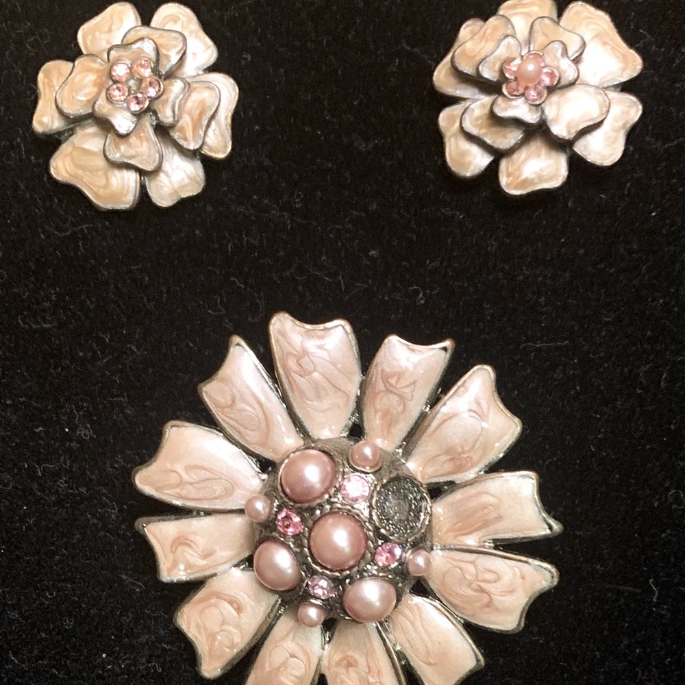 Vintage Flowered Earrings and Brooch